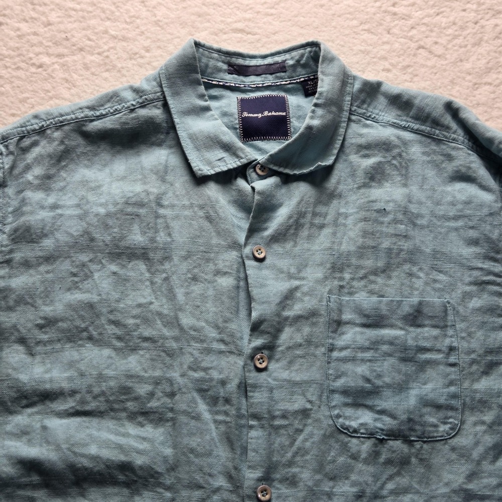 Tommy Bahama Shirt Mens XL Blue Linen Cotton Short Sleeve Camp Pocket Button-Up